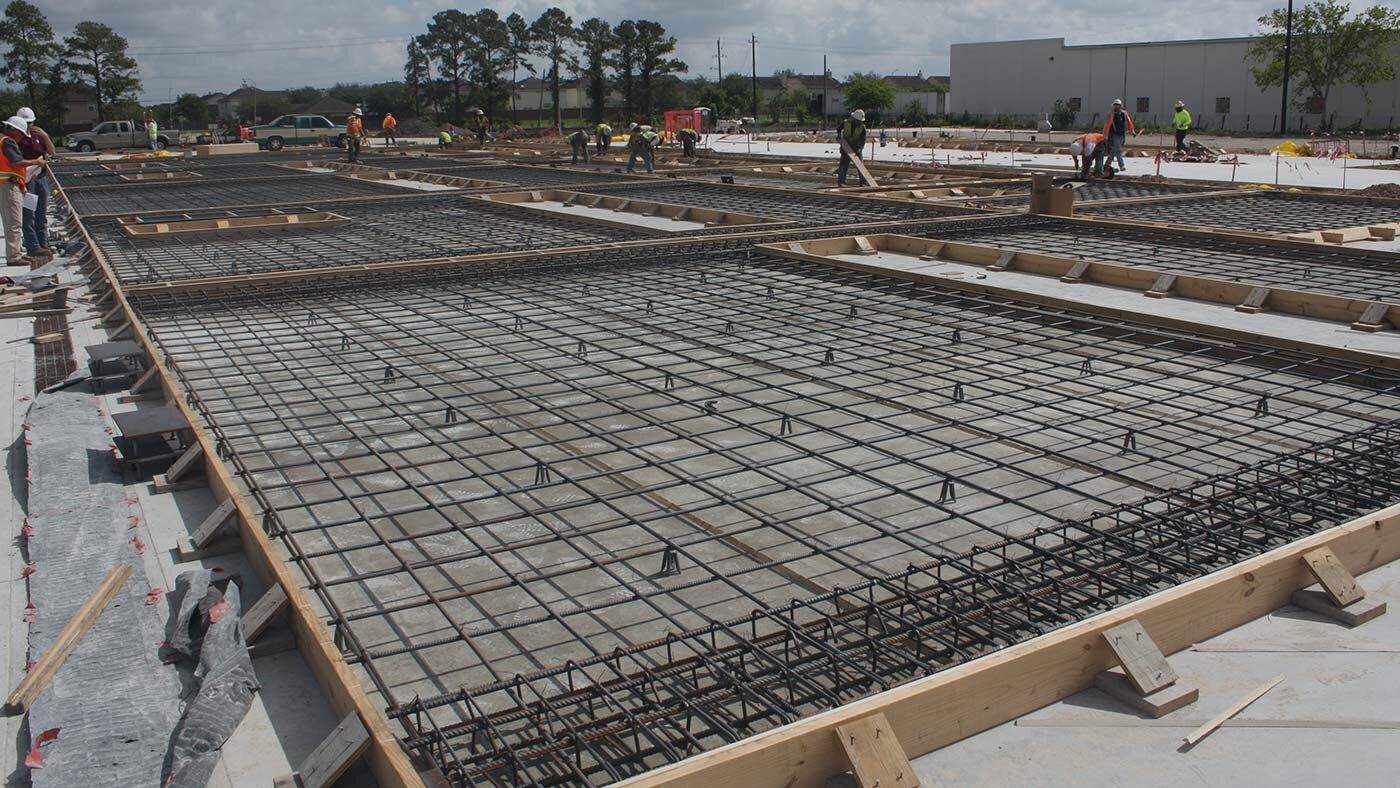 Freshly poured reinforced concrete slab at a job site in Asheville, NC